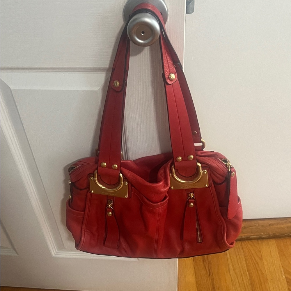 B. Makowsky Vibrant Red Shoulder Bag with Gold Accents